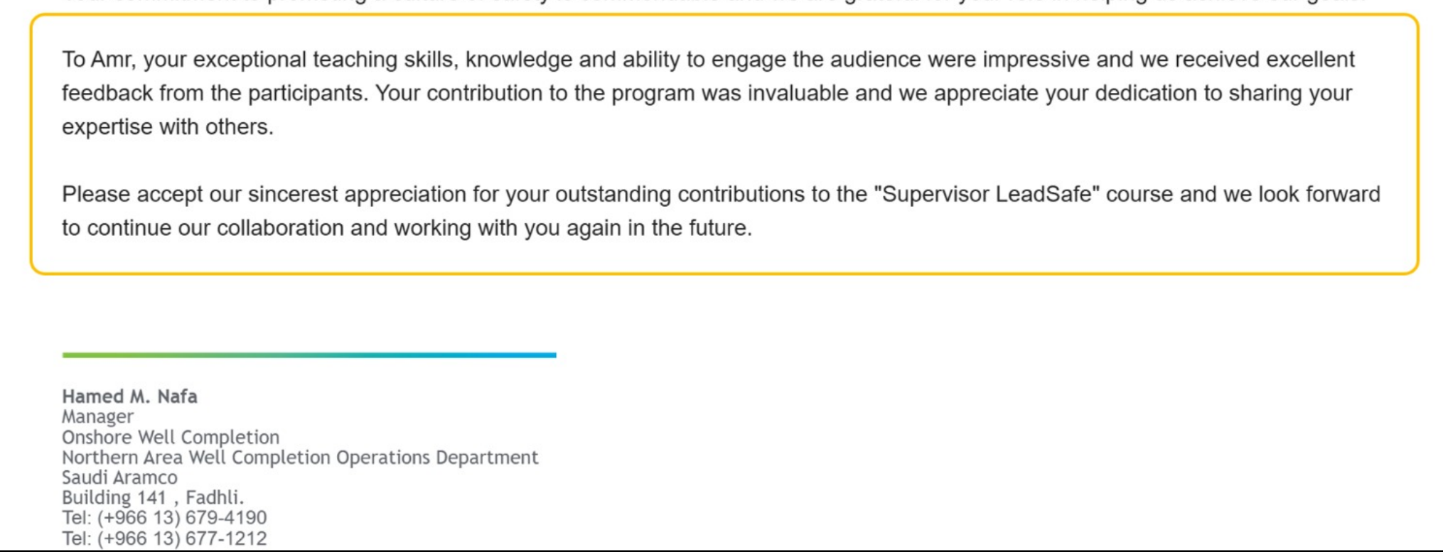 Written testimonial from Hamed M. Nafa of Saudi Aramco